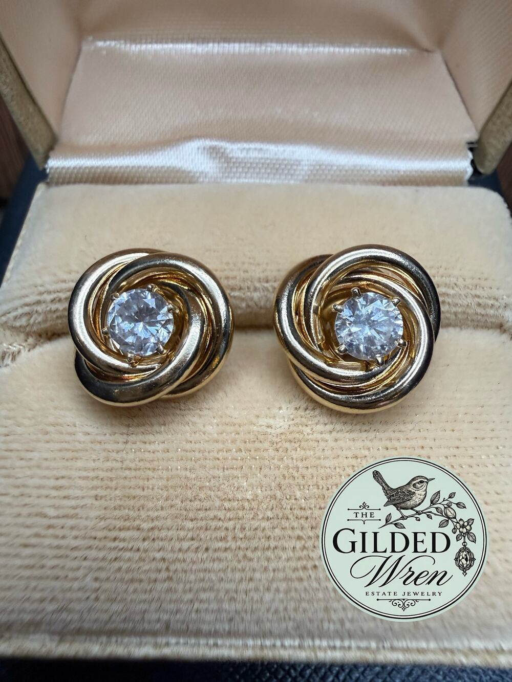 14K Gold Diamond Stud Earrings Swirl Jackets Approx 1.04 CTW
